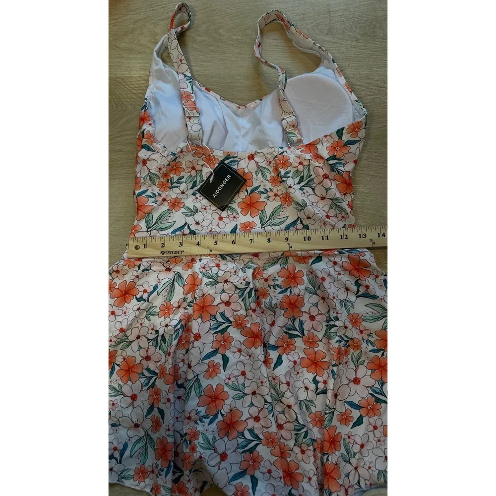 NWT Aidonger Swimdress Women L Floral Retro Tummy Control Bathing Suit Preppy
